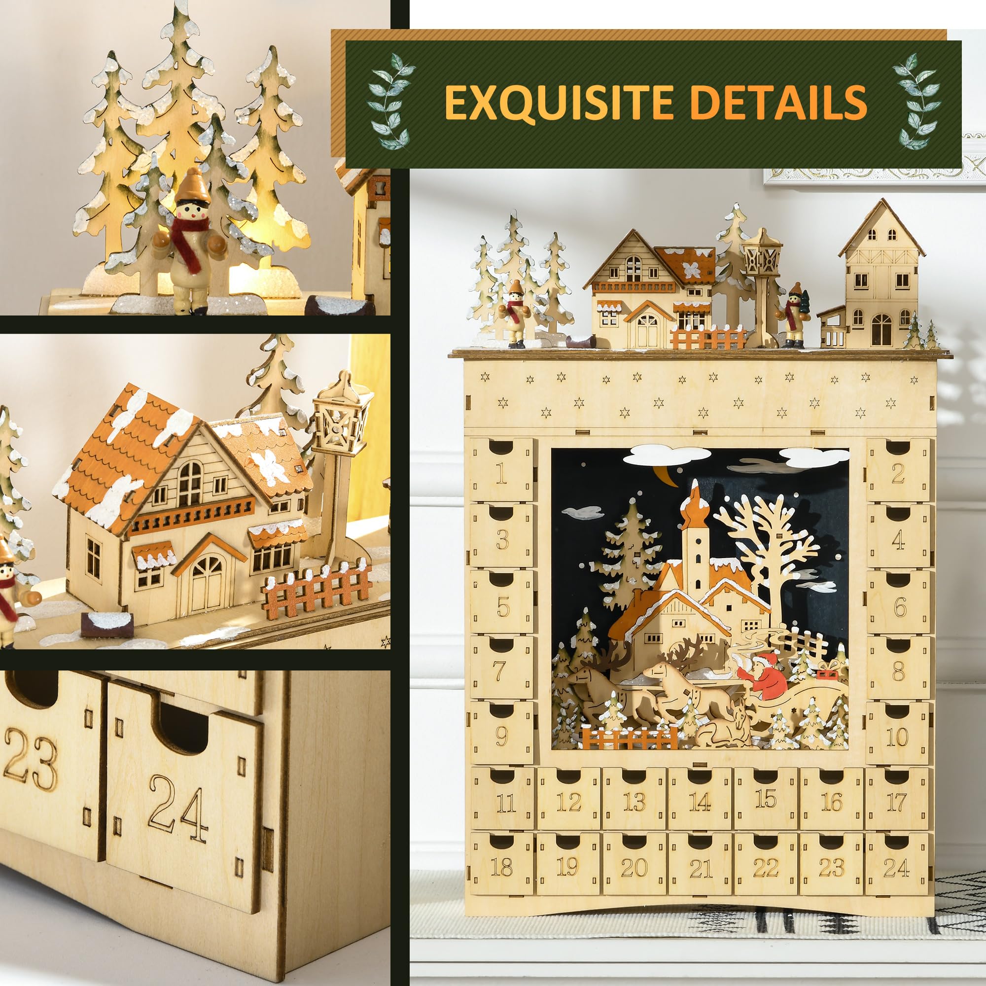 HOMCOM Christmas Advent Calendar, Light Up Wooden Holiday Decoration with 24 Countdown Drawers and LED Lights for Kids and Adult
